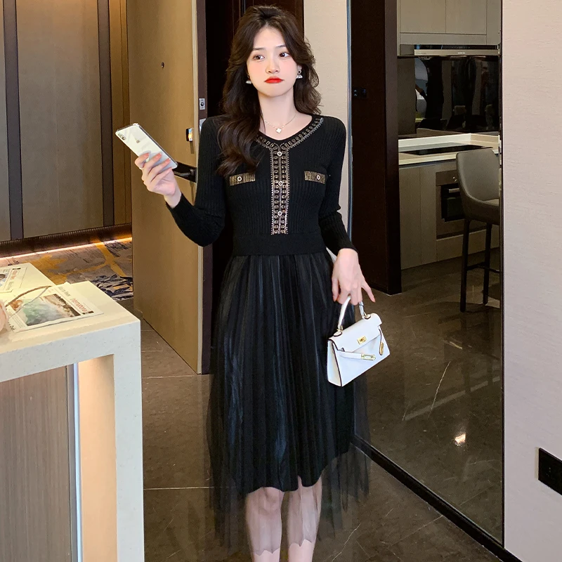 

Real Photo High Quality Women Dress A-Type Autumn New Women's Temperament Knitted Stitching Mesh Patchwork Long Dresses