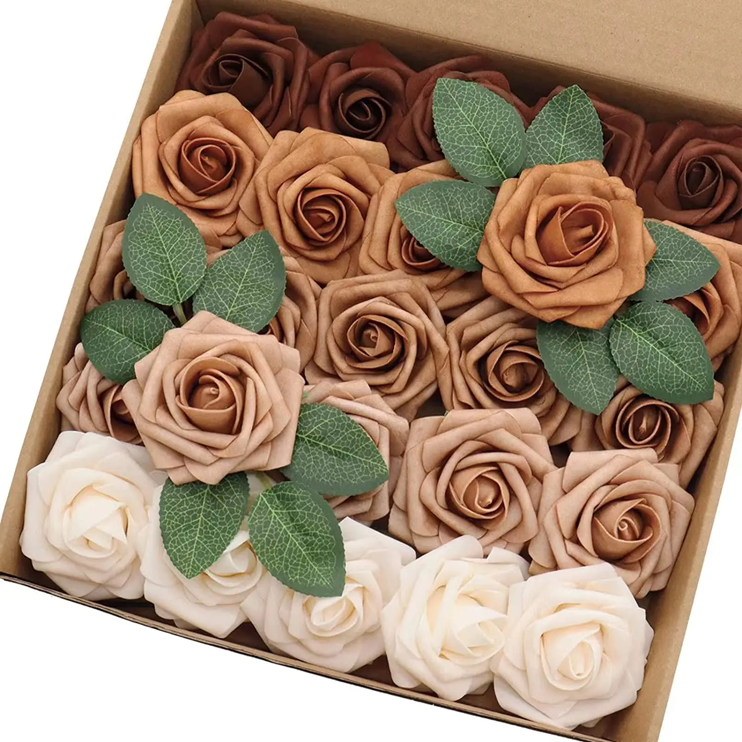 

Artificial Flowers 25PCS Real Looking Earth Tones Ombre Colors Foam Roses 5 Tones Fake Roses with Stems for DIY Wedding Bouquets