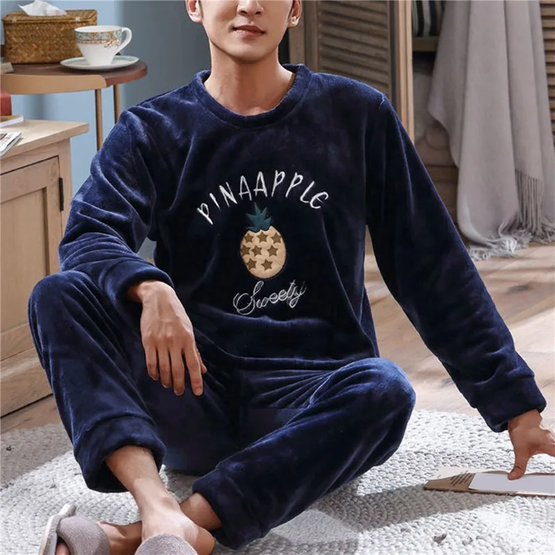 2022 Winter Long Sleeve Thick Warm Flannel Pajama Sets For Men Coral Velvet Cute Cartoon Sleepwear Suit Pyjamas Homewear Clothes