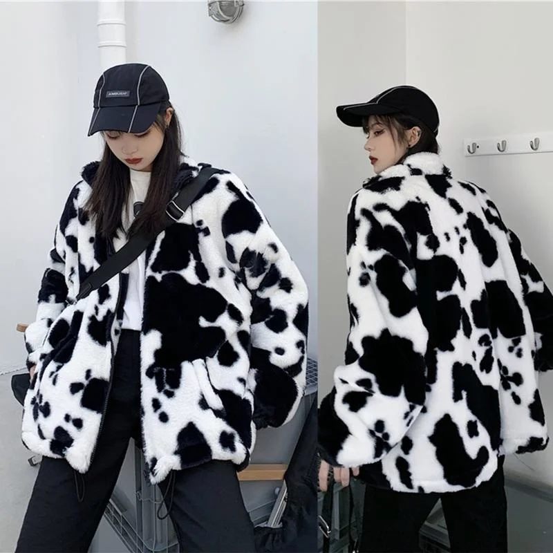 

Women's Jackets Fluffy Tops Sweet Cow Print Coat Outwear Winter Sport Zip Up Hoodie Sweatshirt 101A