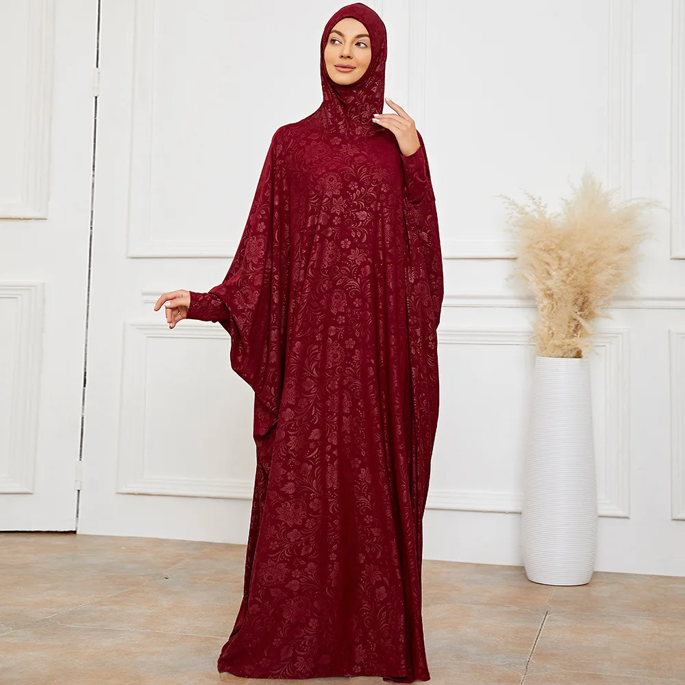 

Wepbel Eid Hijab Prayer Garment Women Dubai Abaya Islamic Clothing Dress Wine Red Jacquard Clothes Full Cover Turkey Kaftan Robe