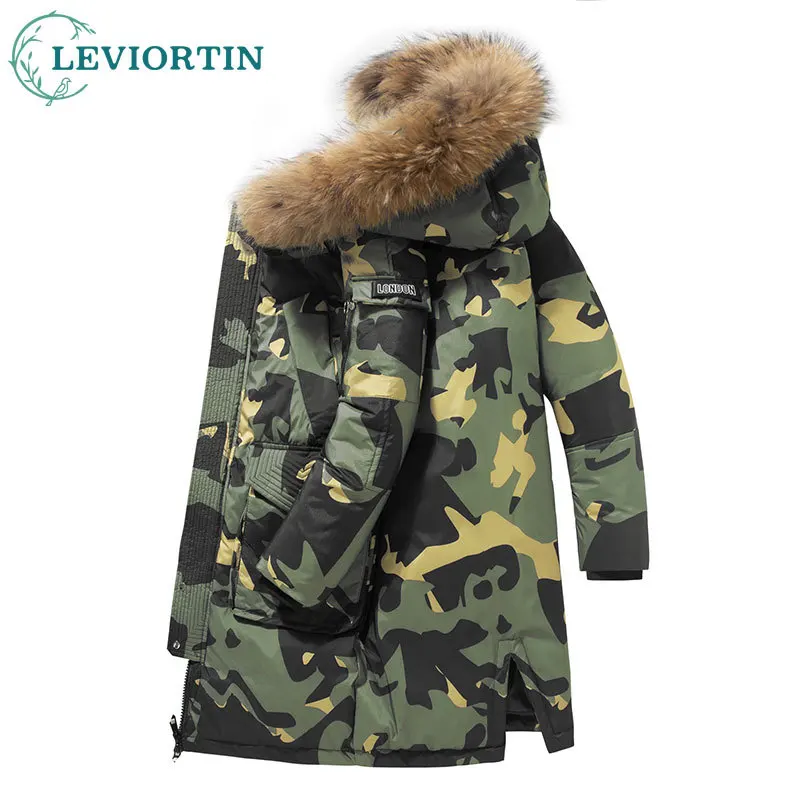 Winter Long Down Jackets for Men Fashion Thick Warm Parkas Coats Fur Collar Hooded Camouflage Windbreaker White Duck Down Jacket