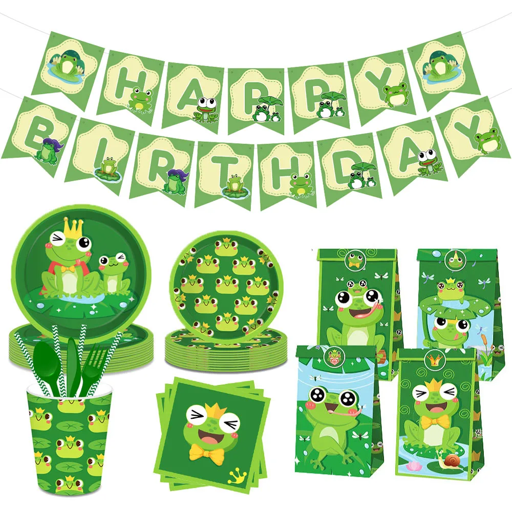 

Frog Birthday Party Decorations Disposable Tableware Set Paper Plates Cups Napkins Kids Baby Shower Animal Themed Party Supplies