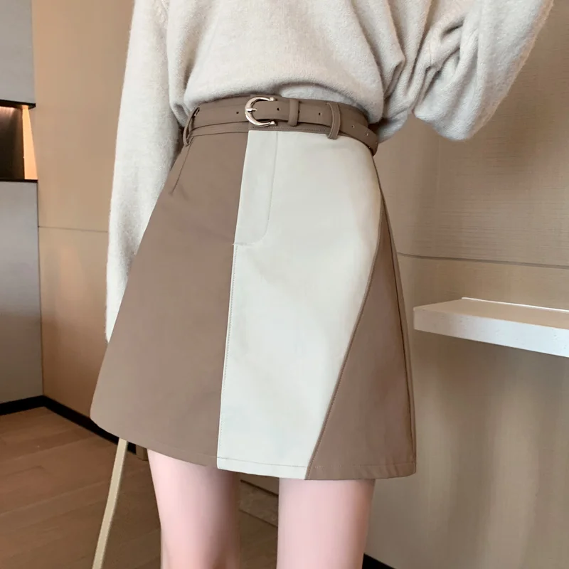 

Splicing Leather PU Patched Leather Skirt Autumn Winter New 2022 High Waist A-line Skirt Lining Short Skirt Mini 813A