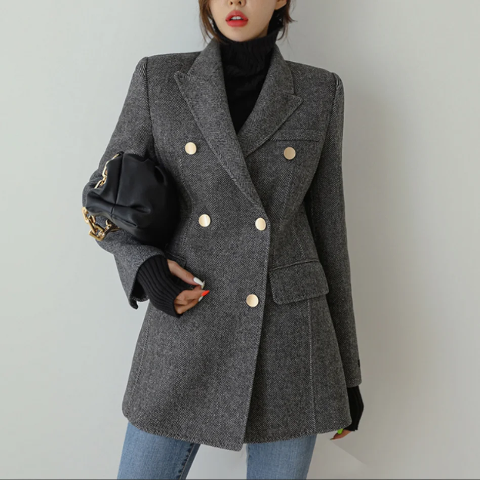 Элегантные женские свободные шерстяные пиджаки с отложным воротником 2024