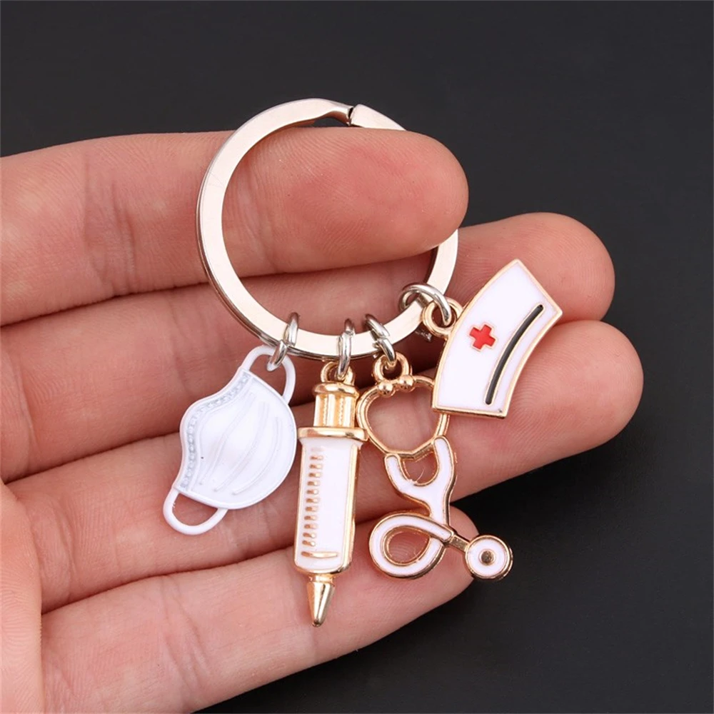 

Original Medical Tool Keychains Creative Metal Stethoscope Syringe Face Mask Key Holder Charms Car Keyring Pendant Handmade DIY