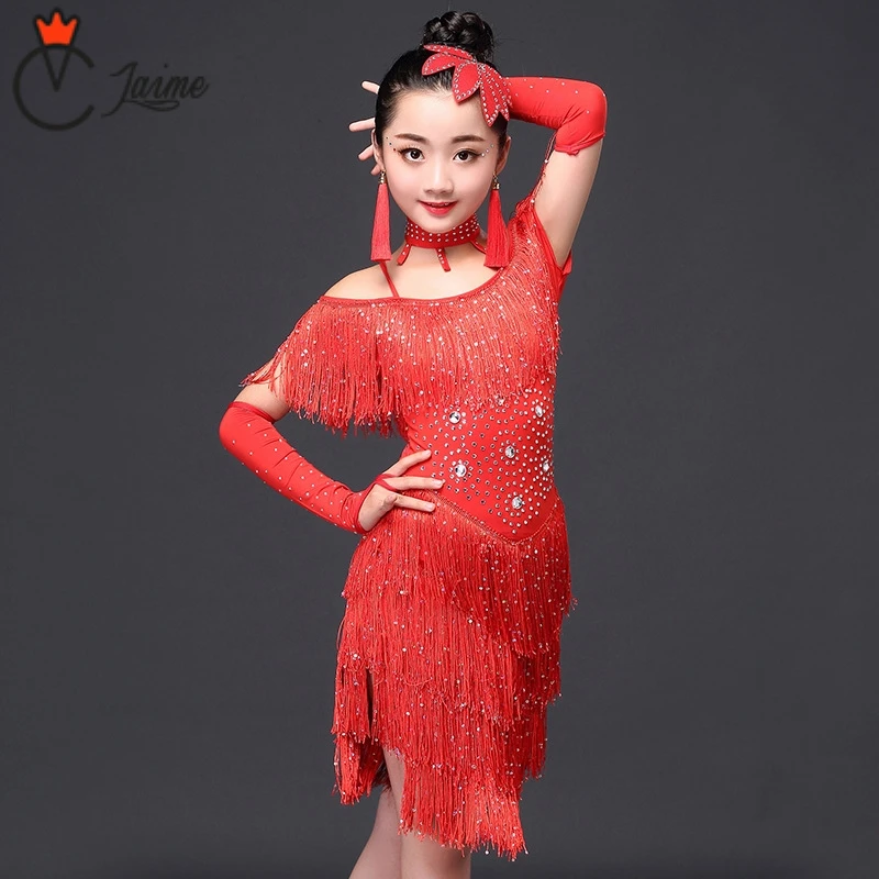 

Kids Dance wear Latin Dance Dress for Girls Dress Competition Fringe Dresses Children Dance 6-15 Years old