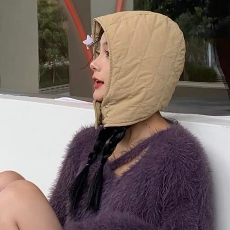 Y2K пуховая Балаклава с ромбовидным узором шапки для женщин зимняя теплая шапка