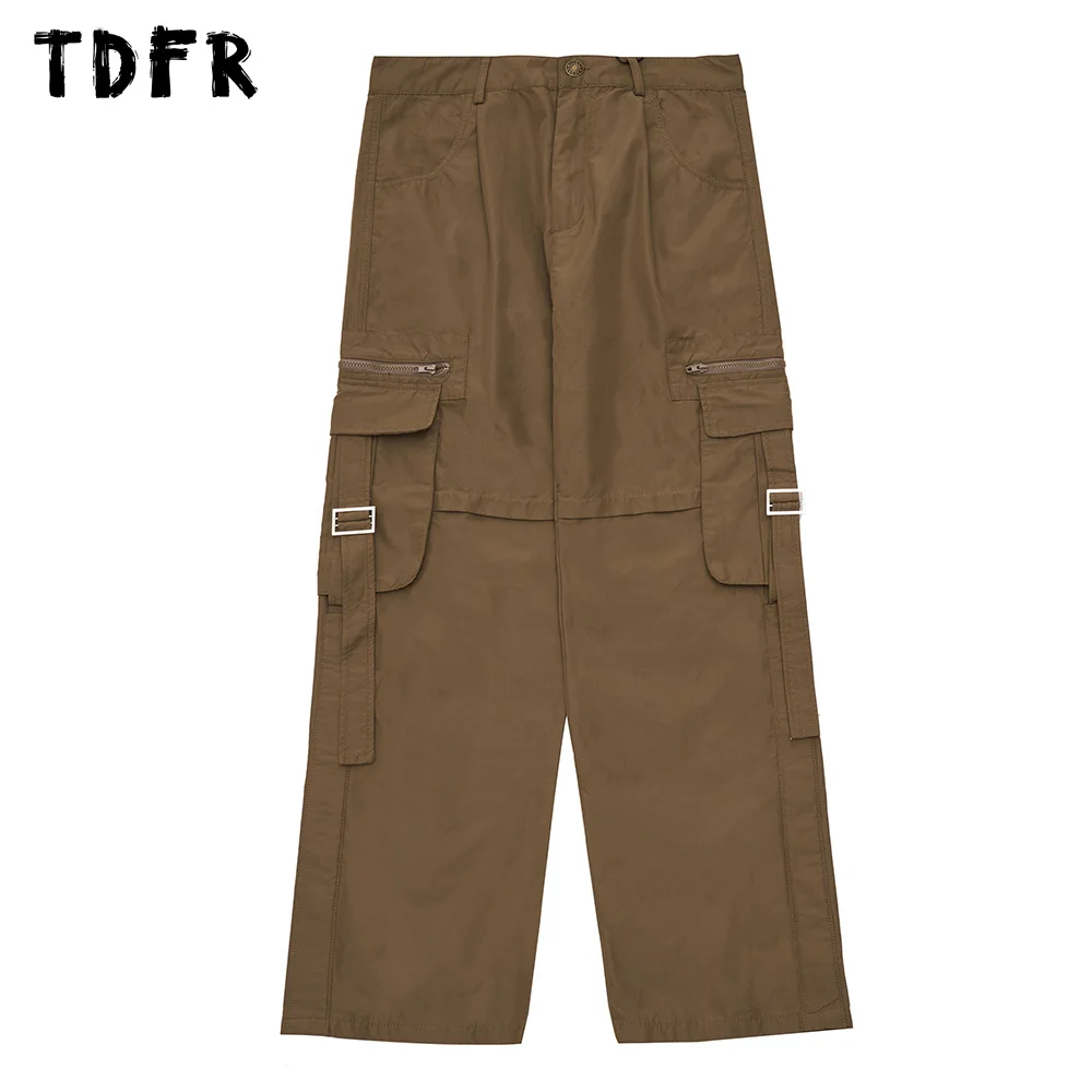 

Solid Color Cargo Pants Mens Zipper Pocket Safari Style Loose Casual Straight Wide Leg Trousers Men