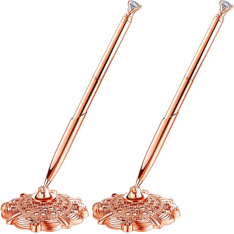 

2 Pieces Hollow Round Pen Holder Signing Pen Set With Big Diamond Crystal Pen Attached To Desk For Office