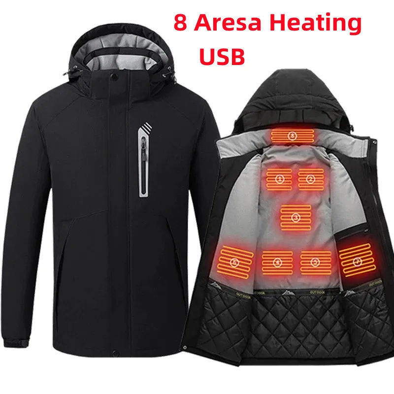 Men Outdoor Jacket Winter Heated Jacket Thick Coat Men Fashion Patchwork Waterproof Pockets Hat Self heating Jackets New Women