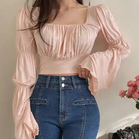 Korean Slim Elegant Cute Edge Design Pile Up Sleeves Women's Blouse 2023 Spring Summer New Thin Girls Kawaii Trendy Crop Tops