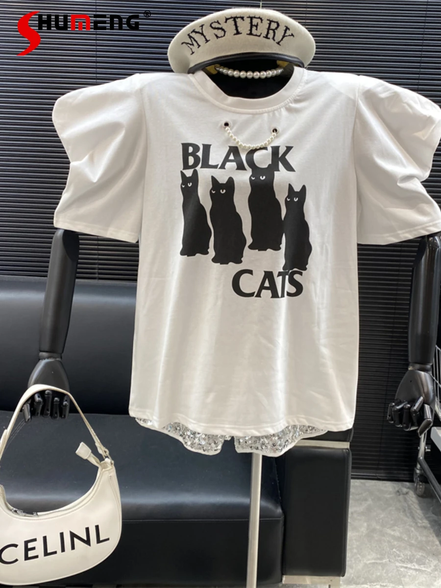 

Женский Повседневный пуловер с принтом Kitty, футболка с круглым вырезом и рукавами-фонариками, с жемчужными цепочками, лето 2022