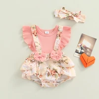 baby girls clothes pink floral printed pattern fly sleeves romper and bow knot headband two piece for 0 18 months
