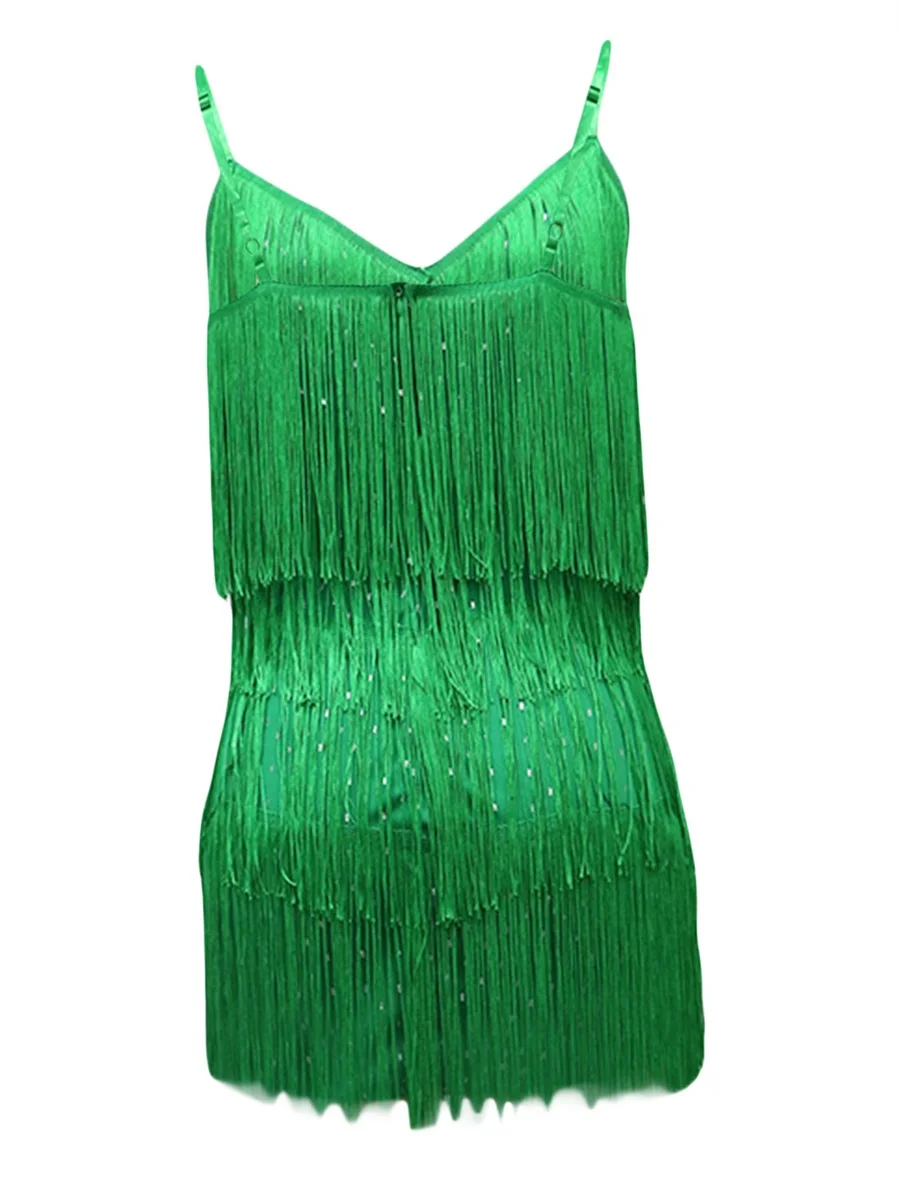 

Glamorous Backless Sequin Dress with Tassel Fringe for Women - Sparkling Spaghetti Strap Bodycon Cocktail Clubwear that