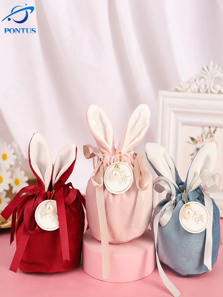 

10 шт., бархатные мешки для конфет, с кроликом