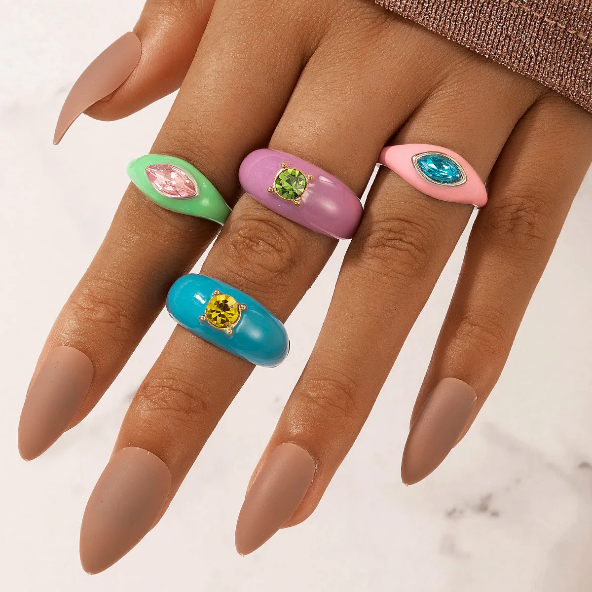 

Ins Simple Fashion Metal Candy Macaron Color Diamond Personality 4 pcs Drop Oil Ring Set for Women Gifts Jewelry Wholesale