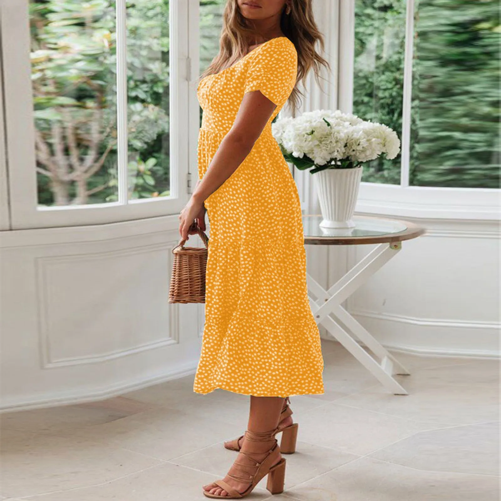 Женское Повседневное платье с цветочным принтом желтое пляжное миди квадратным