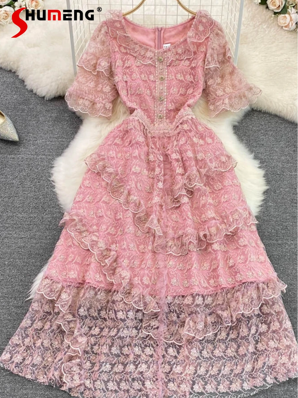 

High-End Light Luxury round Neck Waist Trimming Slimming Embroidered A- line Lace Tiered-Ruffle Dress Elegant Large Swing Dress
