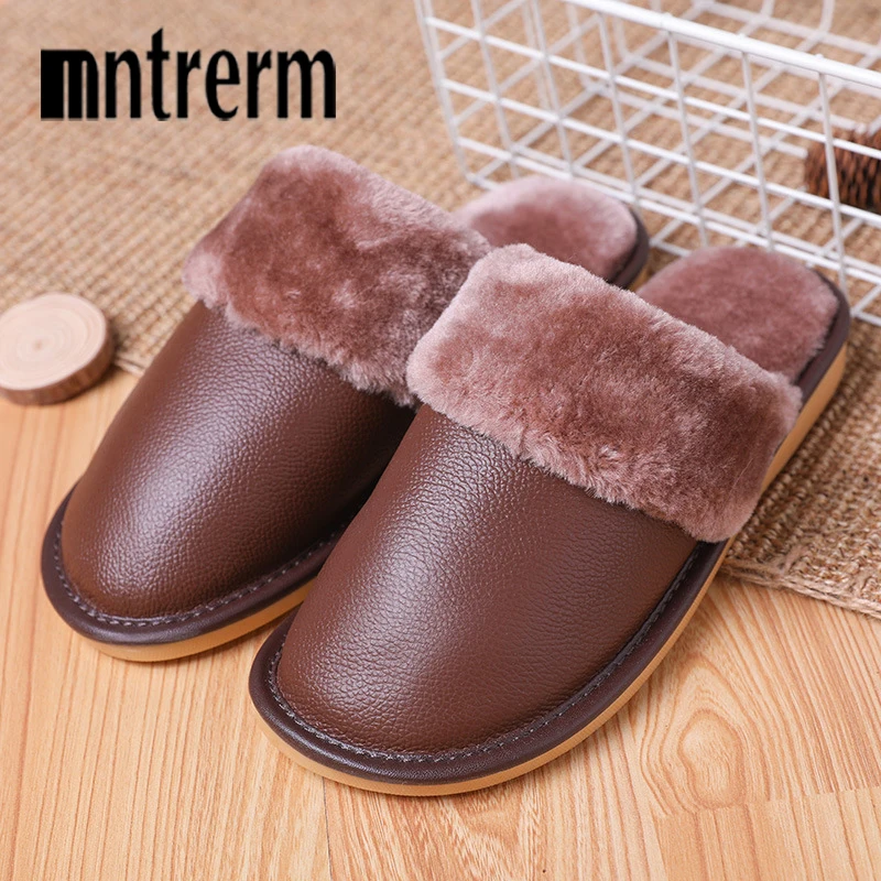 

Men Slippers Indoor Leather Winter Waterproof Warm Home Faux Fur Outside Slipper Male Couple Platform Shoes Men Fluffy Big Sizes