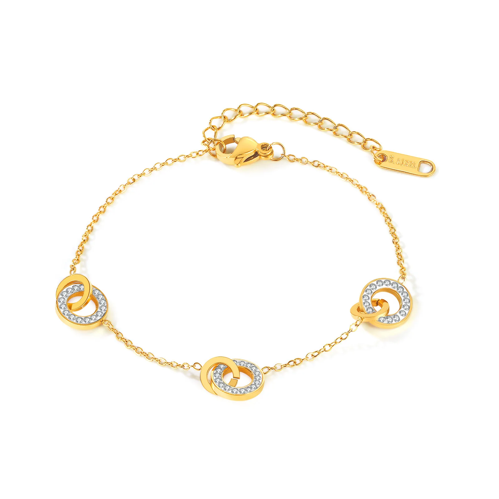 

Gold Plated Stainless Steel Harmony Interlocking Circles Bracelets for Sister Gifts Hammered Double Ring Jewelry