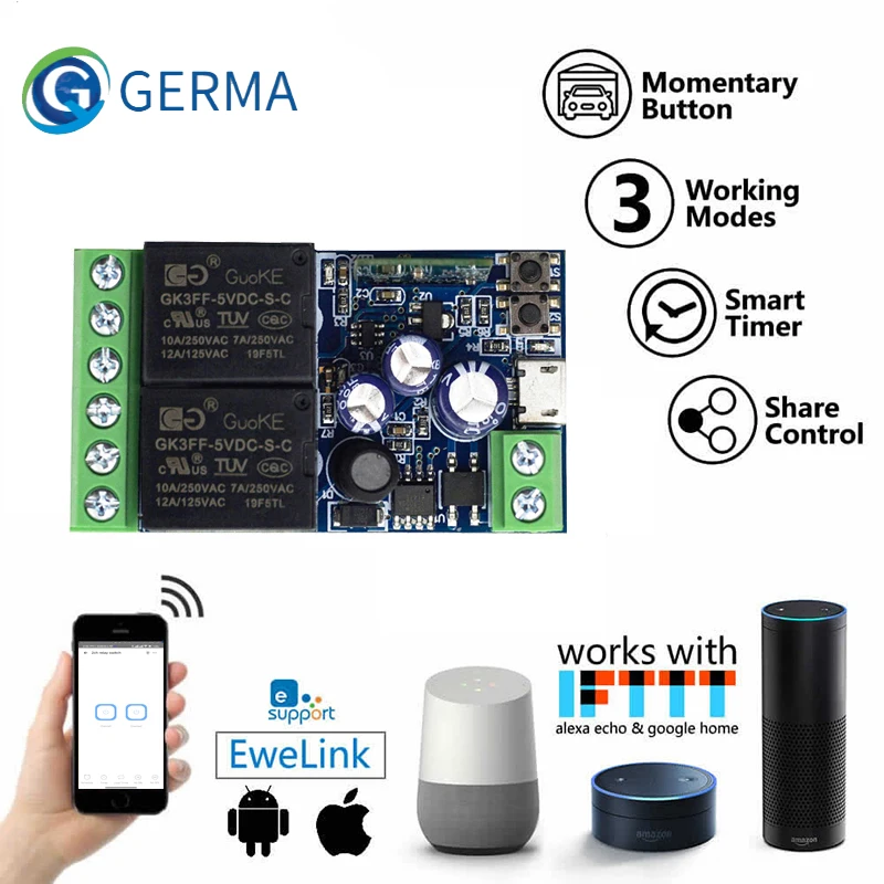 GERMA USB 5V DC 5 12 24 36 48V eWeLink Smart Wifi Wireless Switch Relay Module 2CH Timer Phone Remote Control For Google Home