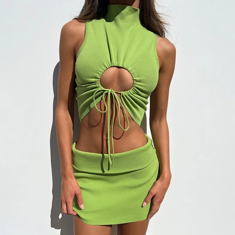 

Green Hollow Out Party Outfits Beach Sleeveless Crop Top and Skirts Two Piece Set Women 2022 Summer Y2K Fashion Clothes
