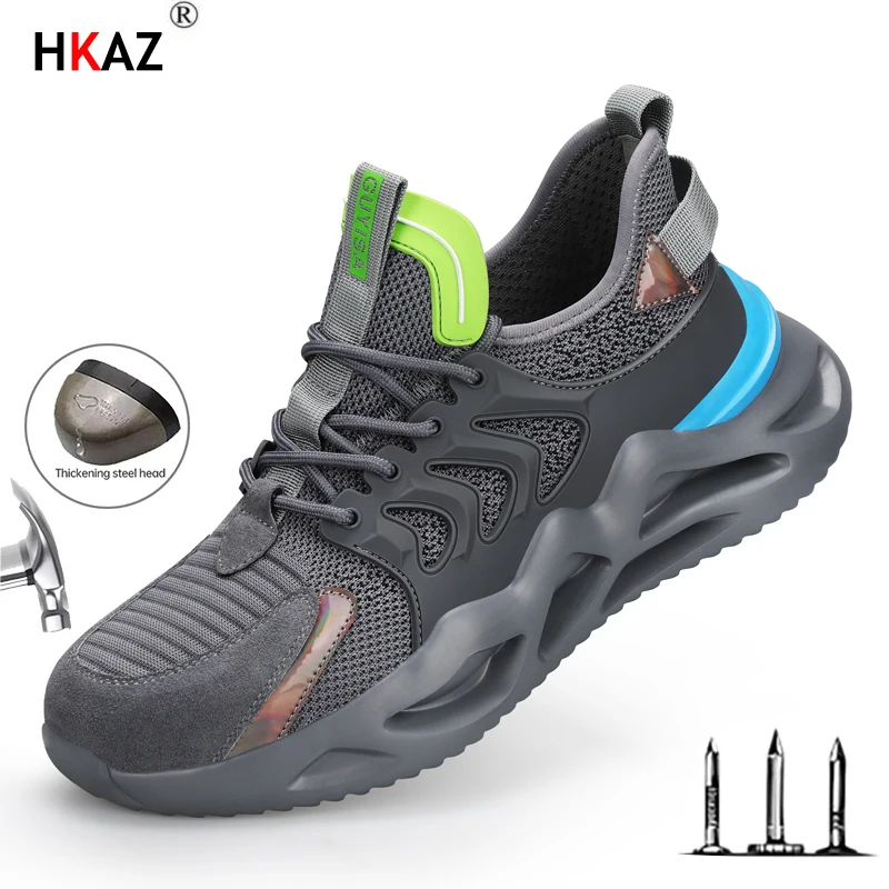 

Hkaz Men Shoes Breathable Lightweight Work Boots Steel Toe Cap Anti-smashing Indestructible Stab Resistant Safety Shoes 0205