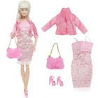 Платье для куклы Барби BJDBUS, розовый комплект одежды, мини-платье, обувь на высоком каблуке, сандалии, пальто, сумочка, аксессуары для кукол, детская игрушка