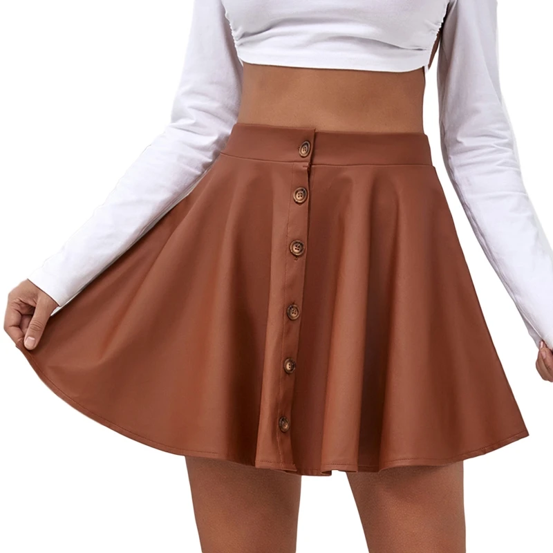 

Women Summer High Waisted Imitation Leather A-Line Pleated Mini Skater Skirt Button Closure Front Simple Solid Color Flared P8DB