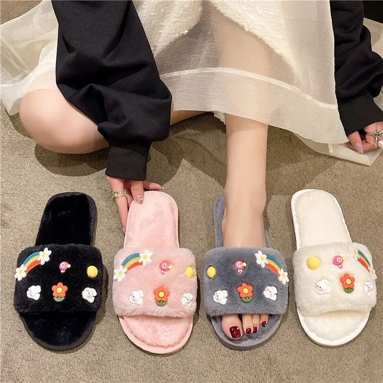 

Low Shoes Slippers Flat Fur Flip Flops Flock Slides Winter Footwear Slipers Women Fashion Plush Soft Massage 2022 Luxury Rome Ba