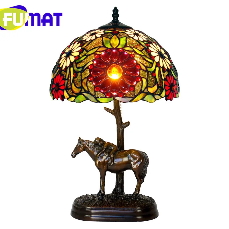 

FUMAT Rose Sunflower Flower Color Stained Glass Table Lamp Bronze Horse Desk Light LED Bulb Pure Luxury Copper Tiffany lamp