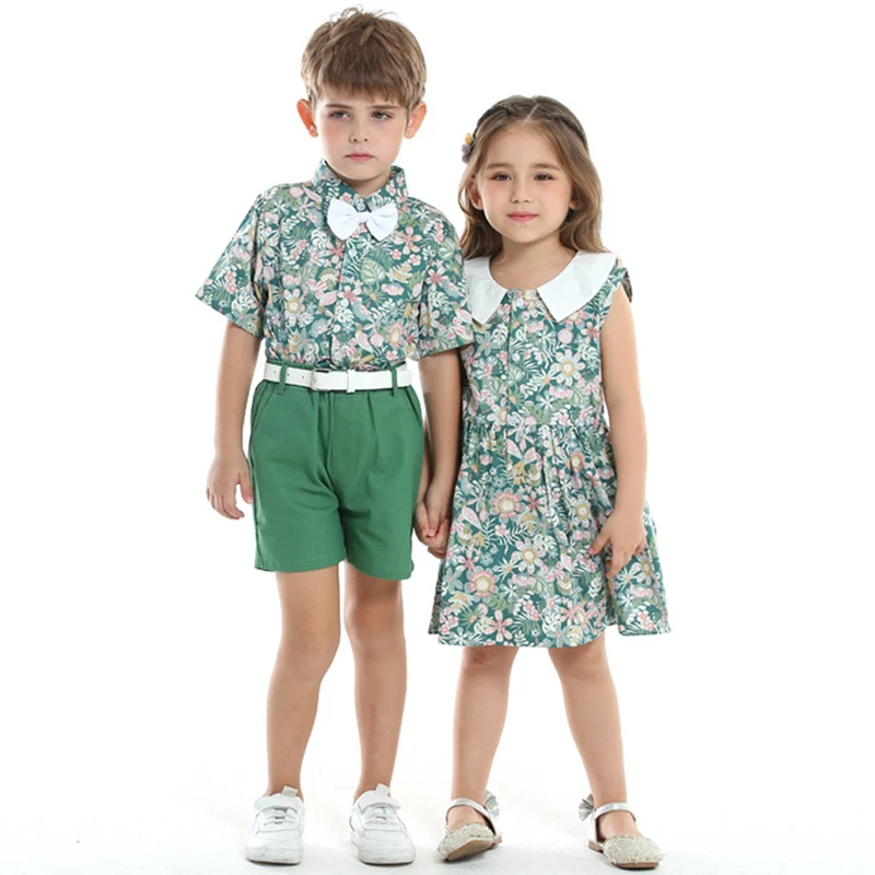 Family Matching Outfits Print Brother and Sister Kids Matching Sets Boys Gentleman Suit + Princess Girls Dress Set Child Clothes