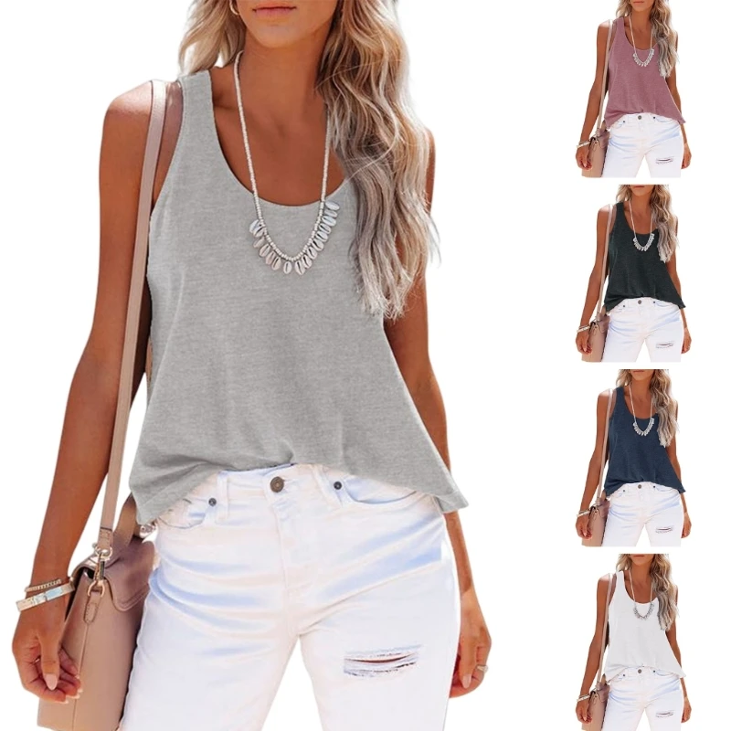 

Womens Summer Round Neck Racerback Loose Fit Workout Top Sleeveless Basic Vest T-Shirts Plain Solid Color Camisole