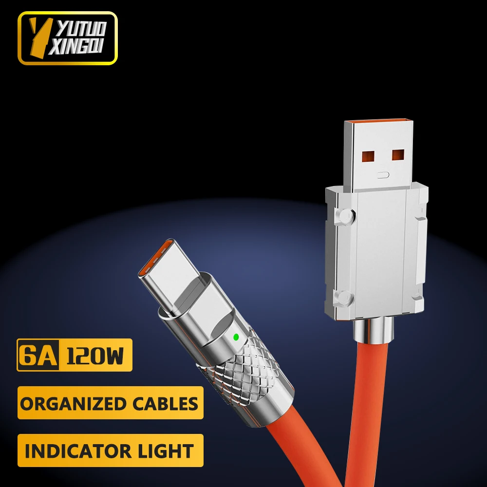 6A USB Type C 120 Вт Кабель для быстрой зарядки Оранжевый синий жидкий силикагель из