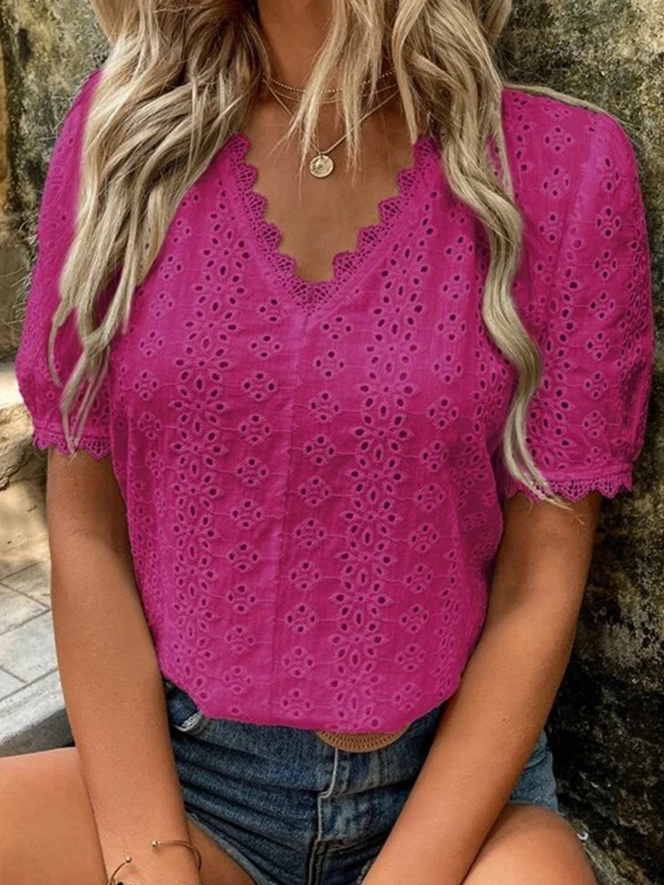 

Fashion V-Neck Short Sleeve Blouse 2022 Summer Sawtooth Edge Solid Loose Office Shirts New Elegant Women Lace Hollow Blusa Tops
