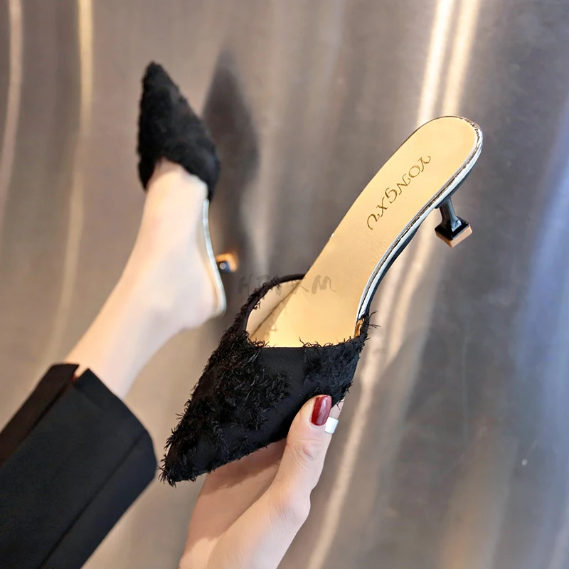 

Mid-heel Muller Shoes Electroplated Thick-heel Baotou Half Slippers Women's Thin Temperament Sandals All-match Lady Women Shoes