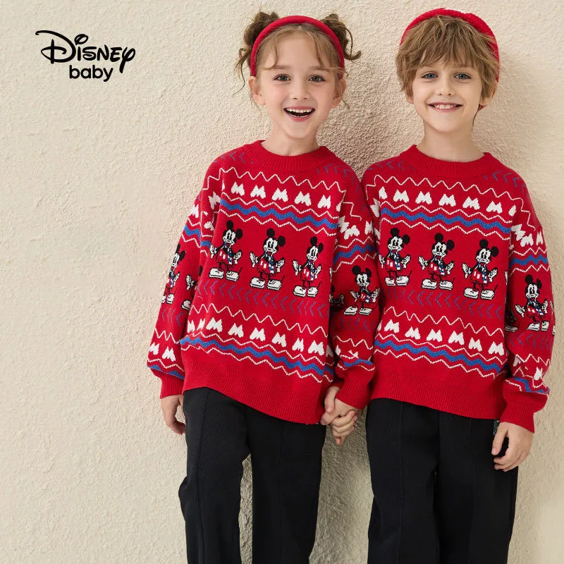 

Disney Mickey Mouse Crew Neck Sweater Bright Red Long Sleeves Pullover Cotton Loose Top Print Autumn Winter Children Clothing