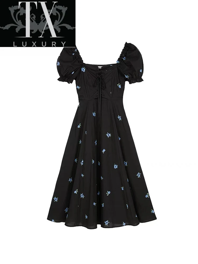 

Fashion Elegant Square Collar Pleated Women Puff Sleeve Chic Black Summer Lace Up Long Dress Party Vintage Ladies Vestidos
