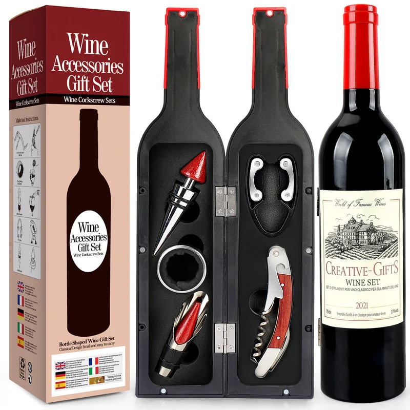 

Wine Bottle Accessories Gift Set - Wine Opener Kit Corkscrew Screwpull, Stopper, Pourer, Foil Cutter, Drip Ring for Adults Gifts