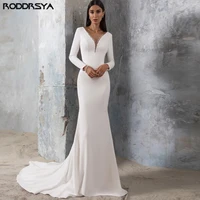 long sleeves mermaid wedding dress for women 2022 satin elegant v neck beading open back sweep train bridal gown custom made
