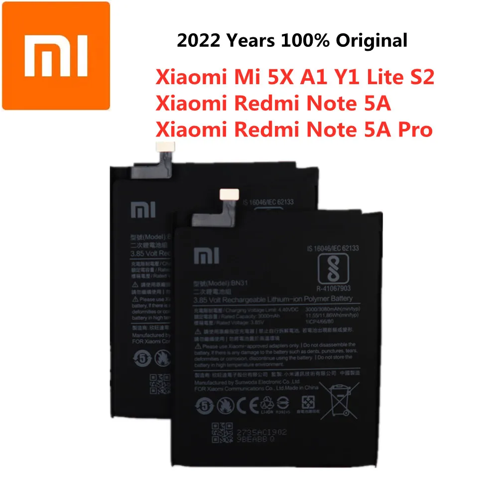 

2022 Years 3000mAh BN31 100% Original Battery For Xiaomi Redmi Note 5A / Note 5A pro Mi 5X A1 Y1 Lite Redmi S2 Phone Battery