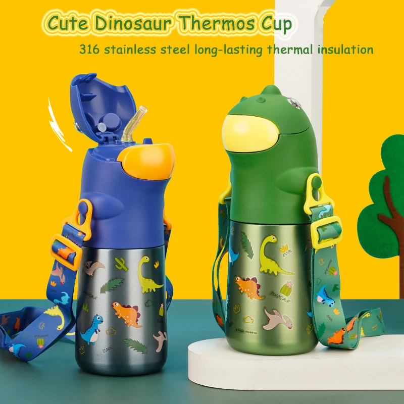 Cup Dinosaur Shape Cute Pattern Portable Outdoor Shoulder Strap Straw Pot 450ml