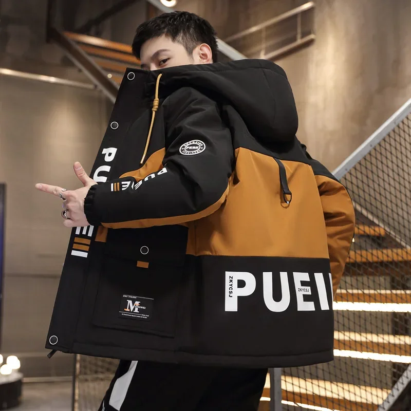 Trendy Korean Style Casual Men's Jacket Splicing 2024 Spring Autumn New Loose Fit Hooded Black Color For Outdoor Wear