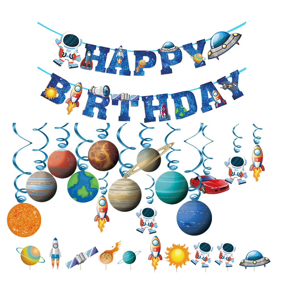 

Birthday Space Decor Themed Cake Banner Hanging Garland Pick Party Happy Solar System Toothpicks Bunting Theme