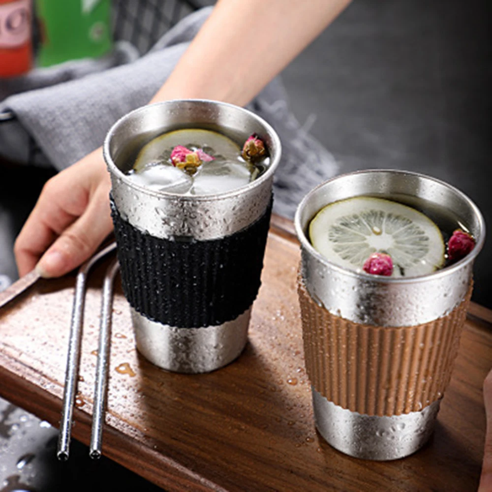 

400ml Stainless Steel Coffee Cups with Lids Non-slip Anti-scalding Sleeves Case Drinking Tumblers Beer Water Tea Coffee Mugs