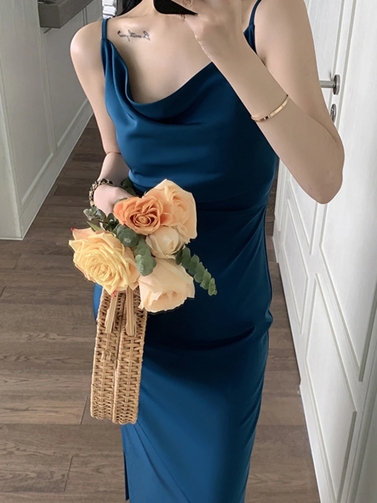 

Платье женское средней длины на тонких бретельках, элегантный пикантный Топ без рукавов, цельная модель, модная одежда, лето