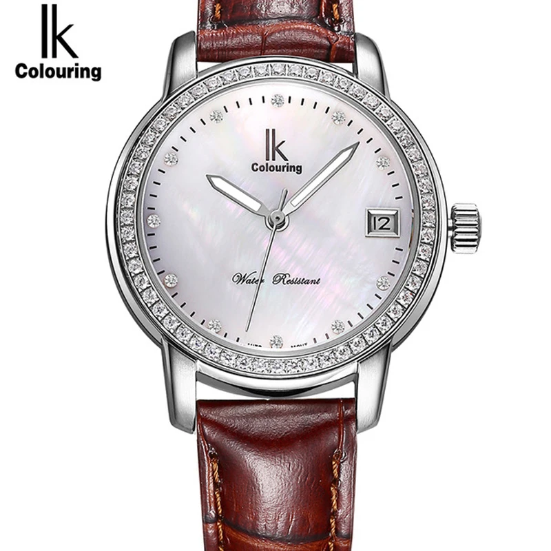 New Luxury Brand IK Colouring Automatic Mechanical Women's Watches Diamond Waterproof Auto Date Dress Leather Wristwatches 98634