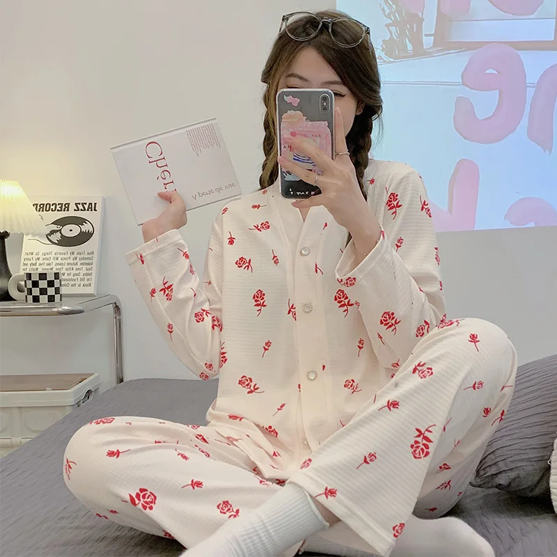 Womens  2 Piece Pajamas Set Floral Printing V-Neck Button Shirt With Trousers Pajama Set Nightwear Pyjama Sleepwear Pijama Mujer
