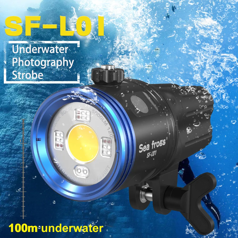 Фото Мощный светодиодный фонарь Seafrogs 5000LM, 5000K, стробоскоп для дайвинга, IPX8, 100 м/330 футов, профессиональный водонепроницаемый фонарь для подводного плавания №1